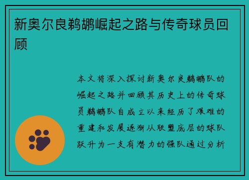 新奥尔良鹈鹕崛起之路与传奇球员回顾