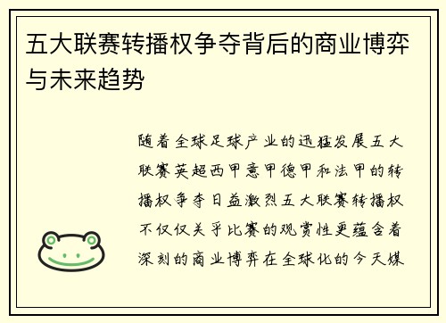 五大联赛转播权争夺背后的商业博弈与未来趋势