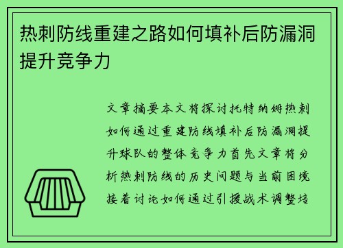 热刺防线重建之路如何填补后防漏洞提升竞争力
